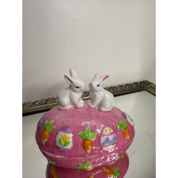 Vintage Trinket Box Pink Easter Egg Shaped Bunny Rabbits Top 4" Tall Ceramic - Picture 8 of 10
